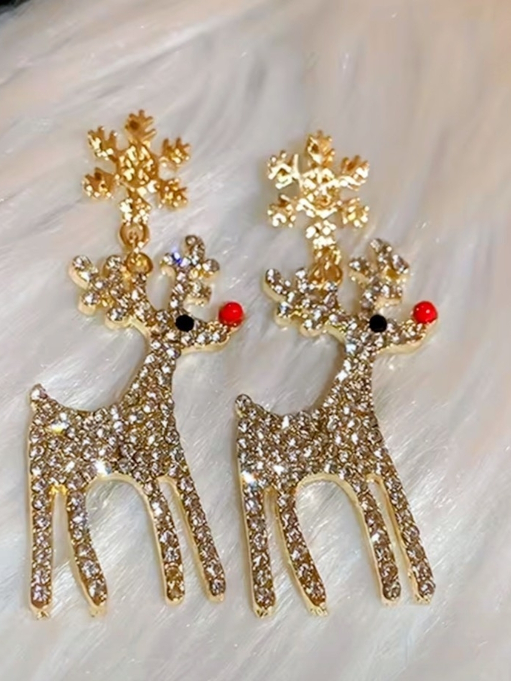 NWT*Gold Rhinestone, Snowflake, Reindeer, Christmas, Red Hanging Earrings*NEW